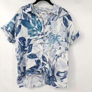 C&C California Linen Button Down Shirt Blue White Floral Surf Beach Print Size M